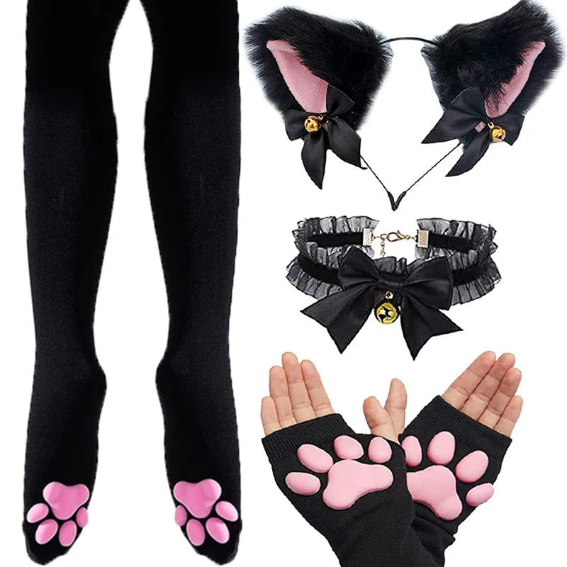 Conjunto Pata de Gato 3D – Medias Altas y Guantes Suaves para Therian y Cosplay
